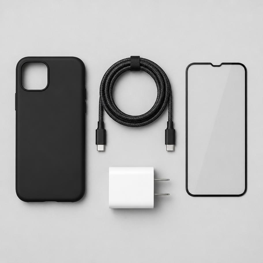 Phone case, braided charging cable, screen protector and compact charger