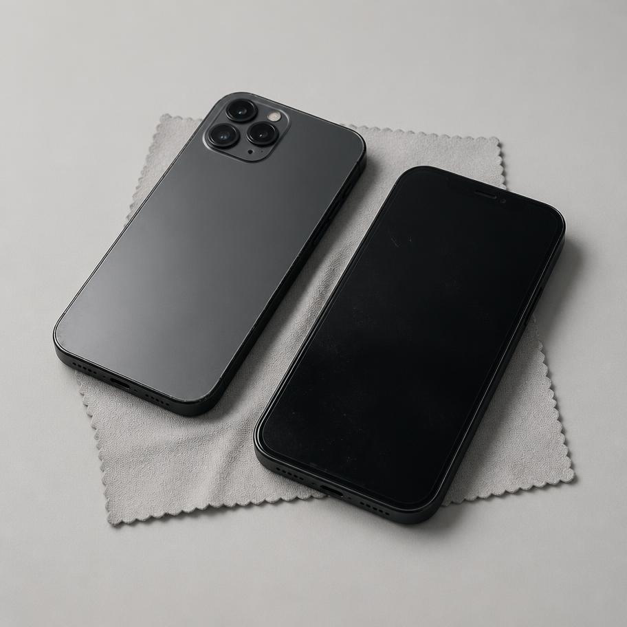 Two refurbished smartphones on a microfibre cloth