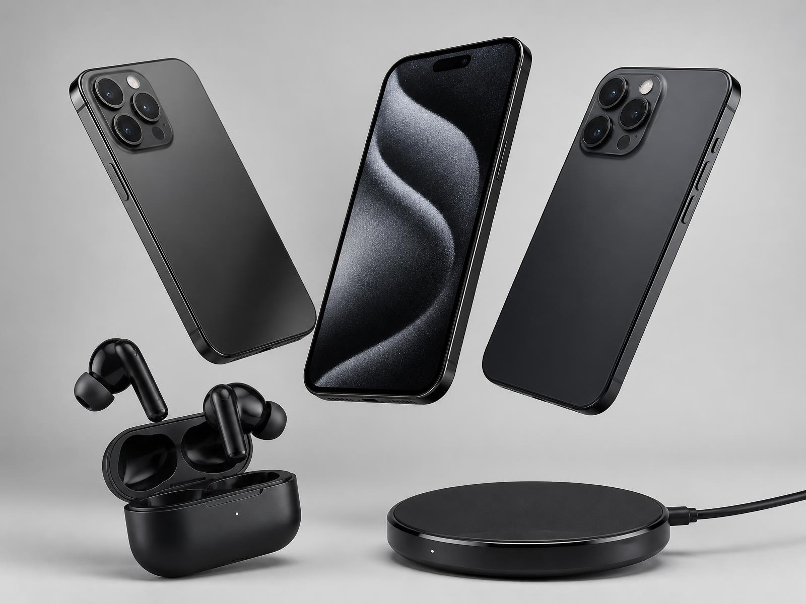 Three modern smartphones with wireless earbuds and a charging pad on a studio background
